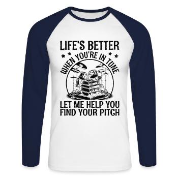 Das Leben ist besser, wenn du im Einklang bist Lass mich helfen Musi - Unisex Baseballshirt langarm - Weiß/Navy - Vorne - Nik (191cm)