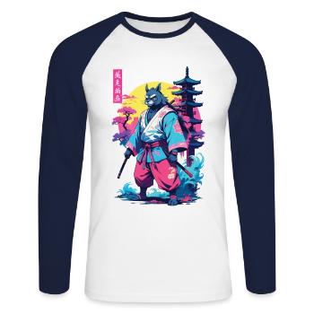 Tanuki Yokai Vaporwave Aesthetic Samurai Art - Unisex Long Sleeve Baseball T-Shirt - white/navy - Front - Nik (191cm)