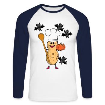 Cacahuètes Cacahuètes Cuisine Chefs Cuisine d’Halloween - T-shirt baseball manches longues Homme - blanc/marine - Devant - Nik (191cm)