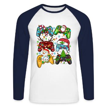 Motifs de manette de jeu de Noël - T-shirt baseball manches longues Homme - blanc/marine - Devant - Nik (191cm)