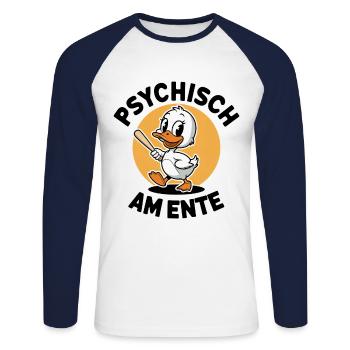 Psychisch Am Ente Humorvoller Entenwitz - Unisex Baseballshirt langarm - Weiß/Navy - Vorne - Nik (191cm)
