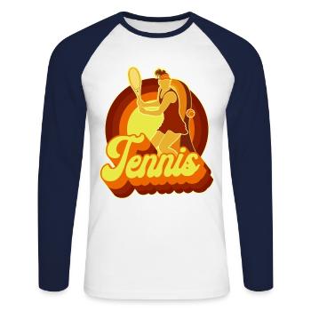 Funny Tennis Player Racket Retro - Unisex Baseballshirt langarm - Weiß/Navy - Vorne - Nik (191cm)