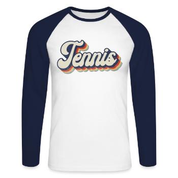 Funny Tennis Player Racket Retro - Unisex Baseballshirt langarm - Weiß/Navy - Vorne - Nik (191cm)