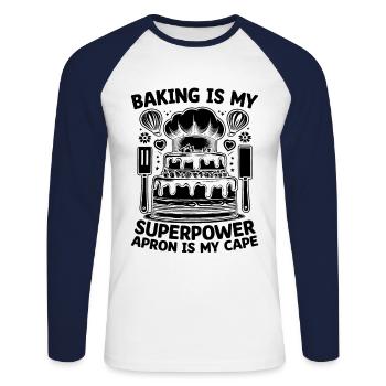 Backen ist meine Superpower Schürze ist mein Kapgebäck ba - Unisex Baseballshirt langarm - Weiß/Navy - Vorne - Nik (191cm)