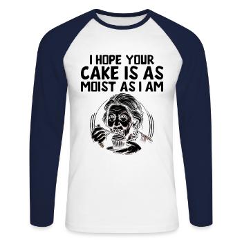 Ich hoffe, dein Kuchen ist so saftig wie ich backe Bake B - Unisex Baseballshirt langarm - Weiß/Navy - Vorne - Nik (191cm)