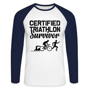 Certified Triathlon Survivor Swim Bike Run Triathl - Unisex Long Sleeve Baseball T-Shirt - white/navy - Front - Nik (191cm)