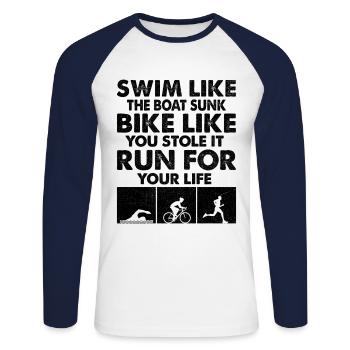 Nagez comme le bateau Coulez le vélo comme si vous l’aviez volé Courir - T-shirt baseball manches longues Homme - blanc/marine - Devant - Nik (191cm)
