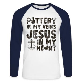 Poterie Céramiste Artiste Jésus - T-shirt baseball manches longues Homme - blanc/marine - Devant - Nik (191cm)
