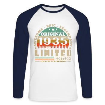 Original 1935 Vintage Retro Anniversary Gift - Unisex Long Sleeve Baseball T-Shirt - white/navy - Front - Nik (191cm)