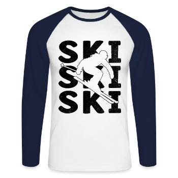 Retro Ski Skifahren Skifahrer Wintersport Ski - Unisex Baseballshirt langarm - Weiß/Navy - Vorne - Nik (191cm)