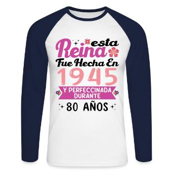 80 Jahre Geburtstagsgeschenk Frau aus dem Jahr 1945 - Unisex Baseballshirt langarm - Weiß/Navy - Vorne - Nik (191cm)