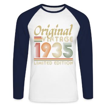 Original 1935 Vintage Retro Anniversary Gift - Unisex Long Sleeve Baseball T-Shirt - white/navy - Front - Nik (191cm)