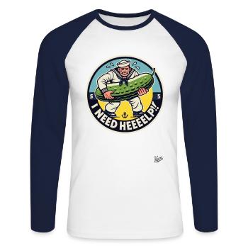 Un marin en sueur a besoin d’aide avec le concombre - T-shirt baseball manches longues Homme - blanc/marine - Devant - Nik (191cm)