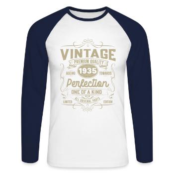 Vintage 1935 Perfection Anniversary Gift - Unisex Long Sleeve Baseball T-Shirt - white/navy - Front - Nik (191cm)