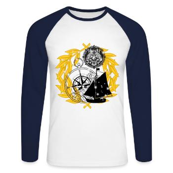 Seefahrt Kompass Segelschiff maritim - Unisex Baseballshirt langarm - Weiß/Navy - Vorne - Nik (191cm)