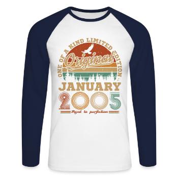 20 Years Birthday Gift Born In January 2005 - Unisex Long Sleeve Baseball T-Shirt - white/navy - Front - Nik (191cm)