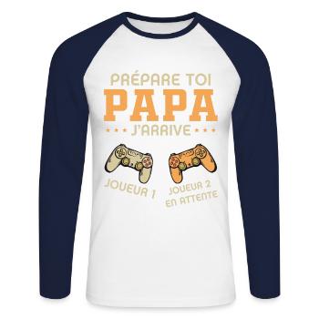 Get ready daddy I'm coming pregnancy announcement dad - Unisex Long Sleeve Baseball T-Shirt - white/navy - Front - Nik (191cm)