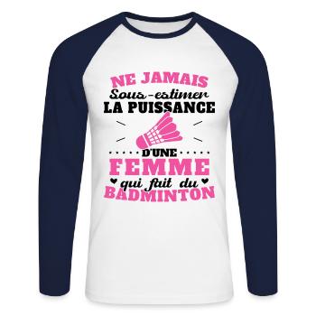 La puissance d une femme qui fait du badminton - T-shirt baseball manches longues Homme - blanc/marine - Devant - Nik (191cm)