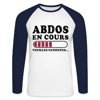 Abs in progress please wait - Unisex Long Sleeve Baseball T-Shirt - white/navy - Front - Nik (191cm)