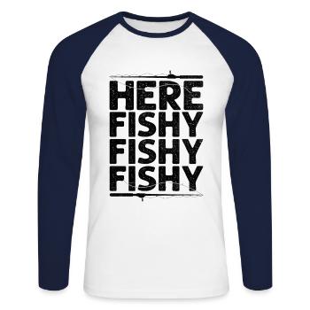 Hier fischig fisch angeln angler fischer fisch barsch angl - Unisex Baseballshirt langarm - Weiß/Navy - Vorne - Nik (191cm)