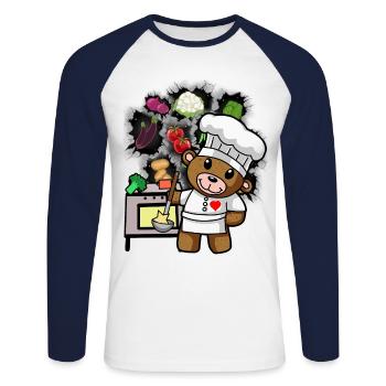 ours en peluche, cuisinier, chef, cuisinier, cuisinier, cuisinier, légumes - T-shirt baseball manches longues Homme - blanc/marine - Devant - Nik (191cm)