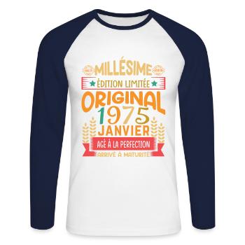 Vintage January 1975 50 Year Anniversary Gift - Unisex Long Sleeve Baseball T-Shirt - white/navy - Front - Nik (191cm)