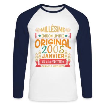 20 Years Birthday Gift Born In January 2005 - Unisex Long Sleeve Baseball T-Shirt - white/navy - Front - Nik (191cm)