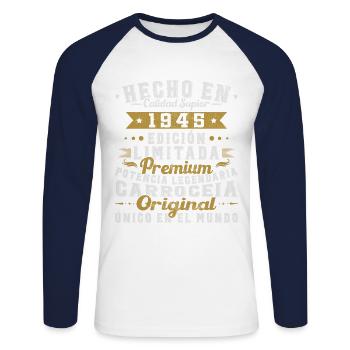 Fabriqué en 1945 80 ans d’anniversaire - T-shirt baseball manches longues Homme - blanc/marine - Devant - Nik (191cm)