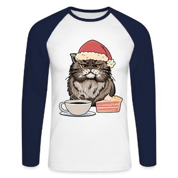 Chat Père Noël Père Noël Café Gâteau Snacking Noël - T-shirt baseball manches longues Homme - blanc/marine - Devant - Nik (191cm)