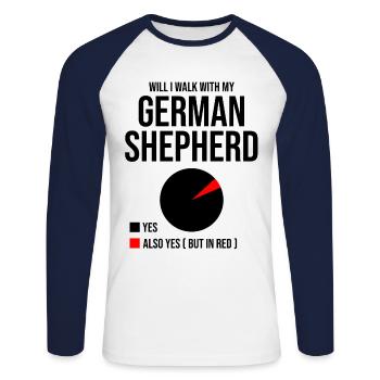 Werde ich mit meinem Deutschen Schäferhund Liebhaber GSD spazieren gehen? - Unisex Baseballshirt langarm - Weiß/Navy - Vorne - Nik (191cm)
