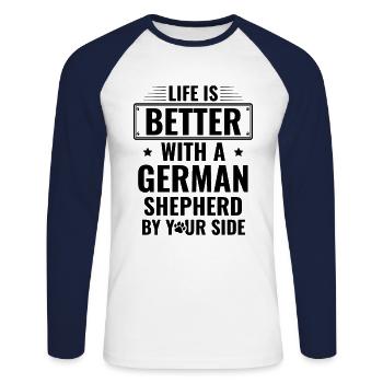 Das Leben ist besser mit einem Deutschen Schäferhund an Ihrer Seite - Unisex Baseballshirt langarm - Weiß/Navy - Vorne - Nik (191cm)