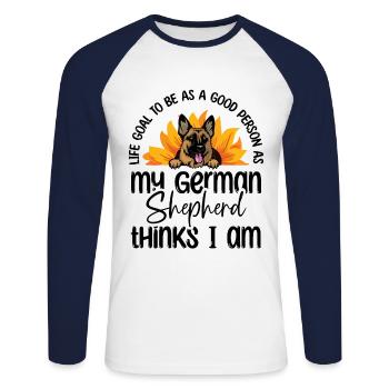 Life Goal To Be As Good Person As My German Shephe - Unisex Long Sleeve Baseball T-Shirt - white/navy - Front - Nik (191cm)