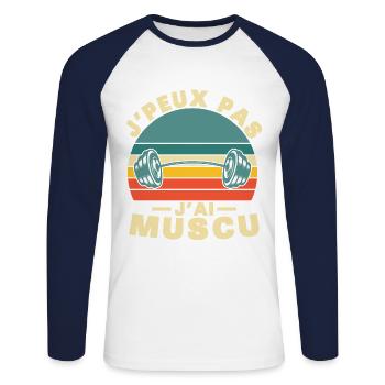 I Can't I Have Muscle, Vintage Humor Gift Idea - Unisex Long Sleeve Baseball T-Shirt - white/navy - Front - Nik (191cm)