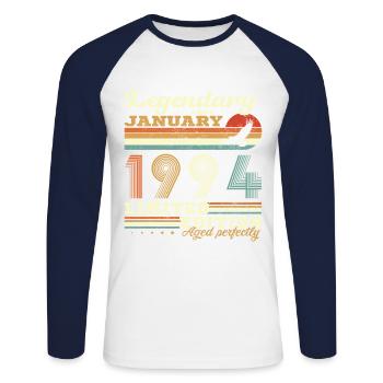 Janvier 1994 retro vintage anniversaire 1994 - T-shirt baseball manches longues Homme - blanc/marine - Devant - Nik (191cm)