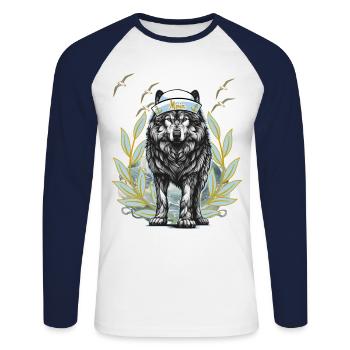 Maritim Hund Hunde Husky Wolf Moin - Unisex Baseballshirt langarm - Weiß/Navy - Vorne - Nik (191cm)