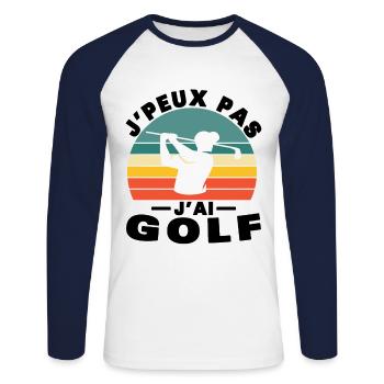 Ich kann kein Golf-Humor-Geschenk haben - Unisex Baseballshirt langarm - Weiß/Navy - Vorne - Nik (191cm)