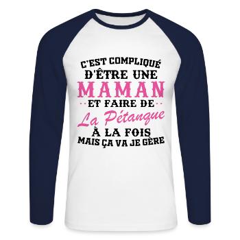 Maman et pétanque - T-shirt baseball manches longues Homme - blanc/marine - Devant - Nik (191cm)