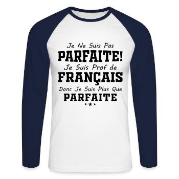 Femme Humour Professeur de Français - T-shirt baseball manches longues Homme - blanc/marine - Devant - Nik (191cm)