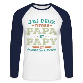 J ai Deux Titres Papa Et Papy - T-shirt baseball manches longues Homme - blanc/marine - Devant - Nik (191cm)