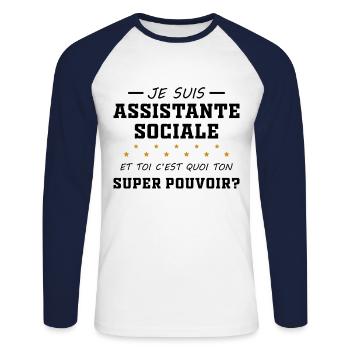 Assistante - Sociale - Super Pouvoir - Cadeau - T-shirt baseball manches longues Homme - blanc/marine - Devant - Nik (191cm)