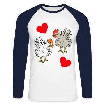 Poulet, poulets, volaille - T-shirt baseball manches longues Homme - blanc/marine - Devant - Nik (191cm)