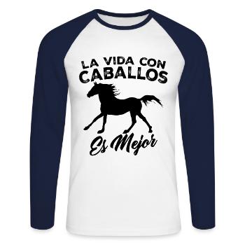 Das Leben mit Pferden ist besser - Unisex Baseballshirt langarm - Weiß/Navy - Vorne - Nik (191cm)