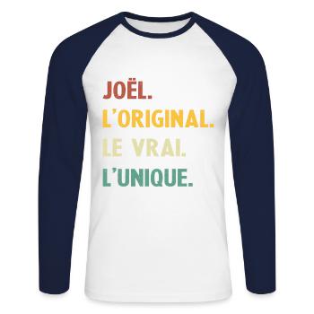 Joel, das Original, das echte Einzigartige, - Unisex Baseballshirt langarm - Weiß/Navy - Vorne - Nik (191cm)