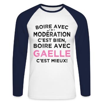 Super Gaelle humorous aperitif drinking with Gaelle - Unisex Long Sleeve Baseball T-Shirt - white/navy - Front - Nik (191cm)