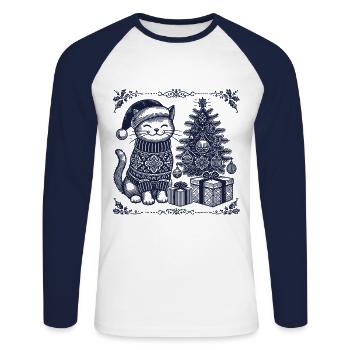 Drôle de chat Noël rétro vintage - T-shirt baseball manches longues Homme - blanc/marine - Devant - Nik (191cm)
