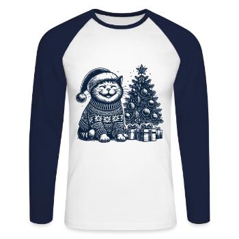 Lustige Katze Weihnachten Retro Vintage - Unisex Baseballshirt langarm - Weiß/Navy - Vorne - Nik (191cm)