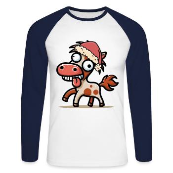 Crazy Santa Claus Père Noël Cheval Chevaux - T-shirt baseball manches longues Homme - blanc/marine - Devant - Nik (191cm)