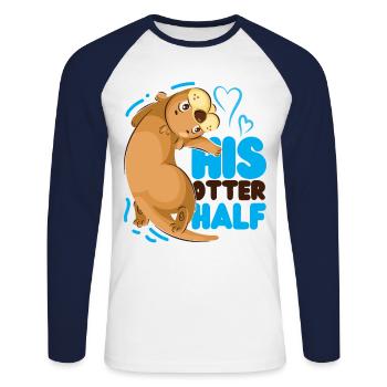 Couple Loutre Jeu de mots Saint-Valentin - T-shirt baseball manches longues Homme - blanc/marine - Devant - Nik (191cm)