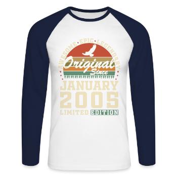 20 Years Birthday Gift Born In January 2005 - Unisex Long Sleeve Baseball T-Shirt - white/navy - Front - Nik (191cm)