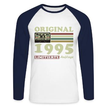 Original 1995 Vintage Retro Birthday Gift - Unisex Long Sleeve Baseball T-Shirt - white/navy - Front - Nik (191cm)